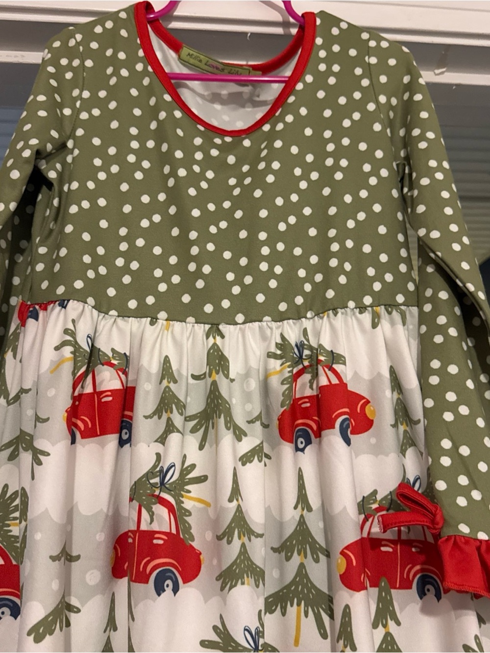 Kids Holiday Polka Dot & Red Car Dress - Olive Green and Red